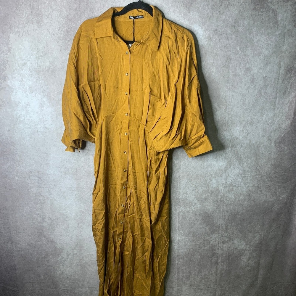 Zara Shirt Dress Womens Large Gold Midi Lapel Collar 3/4 Sleeve Button Front NWT